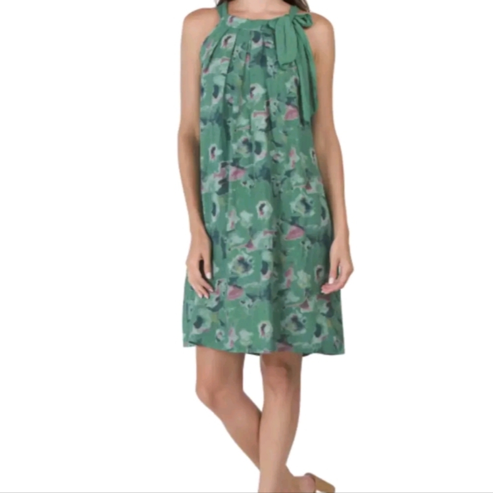 Bellambra Made In Italy 100% Linen Women's Halter Green Floral Tie Neck Dress